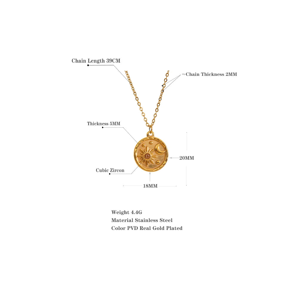 Yhpup moda lua celestial sol delicado pingente redondo colar de aço inoxidável 18k banhado a ouro corrente na moda charme chique jóias