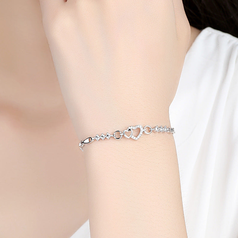 Pulseira Coração de Prata 925 com Cristal Roxo Zircão