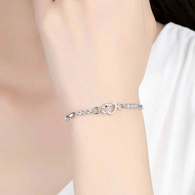 Pulseira Coração de Prata 925 com Cristal Roxo Zircão